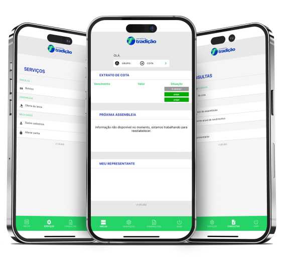 Três telas mostrando o aplicativo tradição